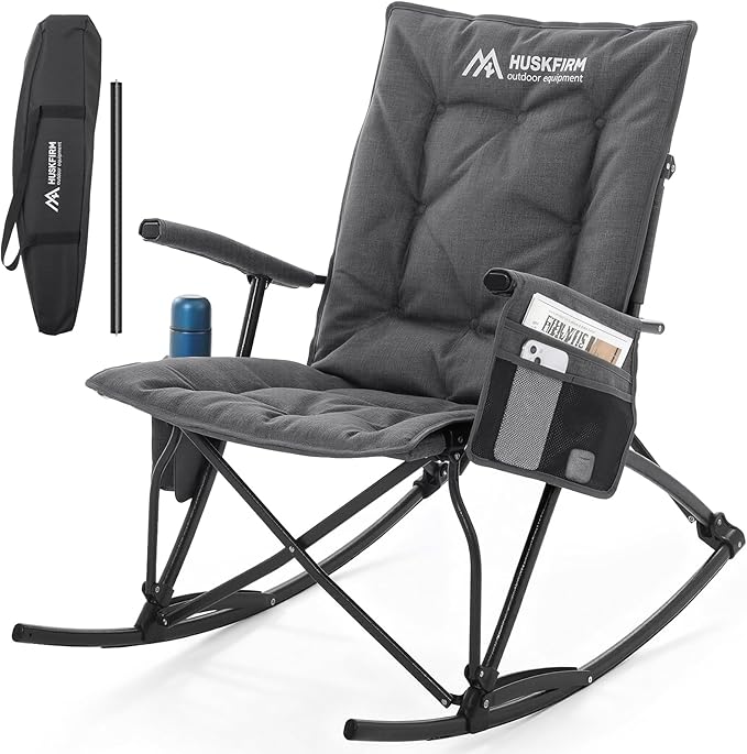 Oversized Rocking Camping Chair Folding Rocking Chair with High Back Padded Outdoor Rocking Chair Heavy Duty Portable Rocker Chair for Camping, Lawn and Patio, Supports Up to 400 lbs, Grey