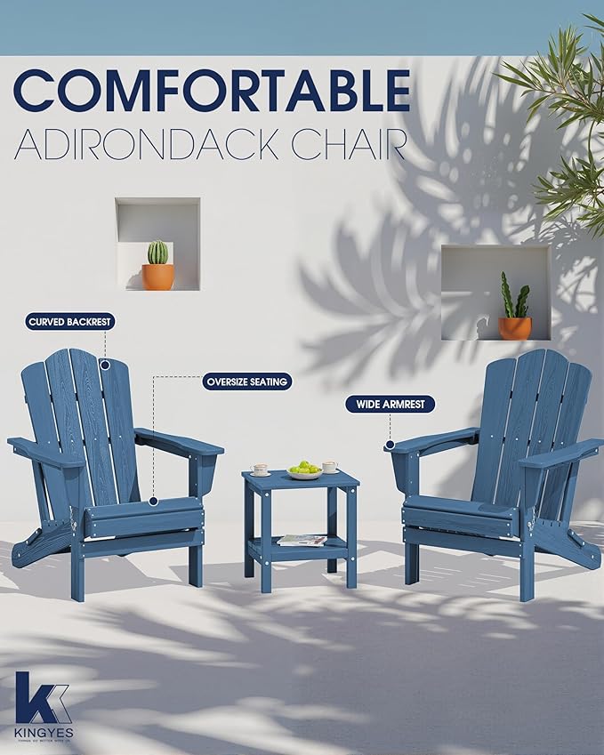 KINGYES Folding Adirondack Chair Set of 2, HDPE All-Weather Adirondack Chair, Navy