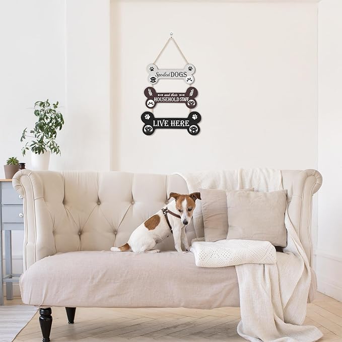 HLNIUC Funny Dog Wooden Sign,Spoiled Dogs Door Sign And Their Household Staff Live Here Wall Decor,Bone Shape Hanging Plaque for Porch Front Door,Dog Welcome People Tolerated Plaque for Dogs Lovers