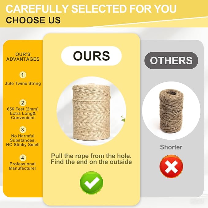 Jute Twine String - 1640ft Eco-Friendly Natural Cord for Crafts,Butcher Cooking & Packaging | 2mm Thick Extra-Length Rope | Decorative Tying,Plant Support & Heavy-Duty DIY