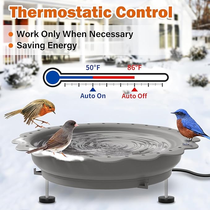 Heated Bird Bath for Outside Winter, Powerful 100W Thermostat Control Heated Bird Baths for Outdoors with 3 Metal Extension Screws, Heated Birdbath Water Heater for Garden Yard Patio Lawn(Grey)