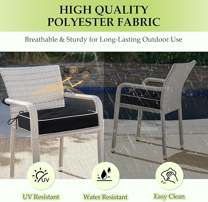 HARBOREST Outdoor Chair Cushions Set of 2, Tufted Patio Chair Cushions with Ties, Square Corner Outdoor Cushions for Patio Furniture, Lawn Chairs, Wicker Chairs, 19" x 19" x 5", Black