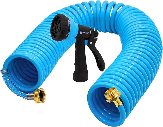 AUTOMAN Coil Garden Hose 50 ft, EVA Curly Water Hose with Brass Connectors, Recoil Garden Water Hose,Includes 7-Pattern Function Sprayer,Retractable,Corrosion Resistant Garden Coil Hose.