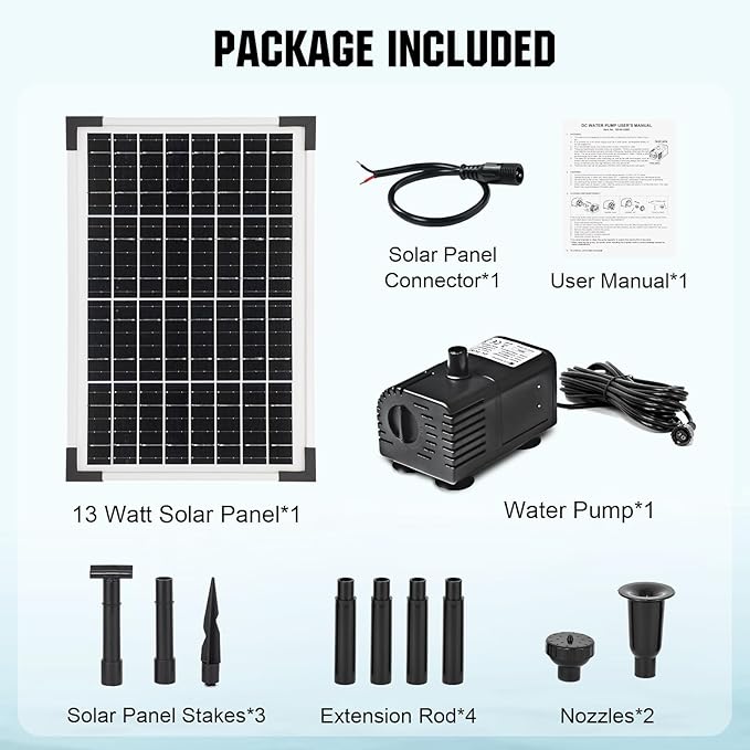 ECO-WORTHY Solar Water Fountain Pump Kit 216 GPH Flow 13W Adjustable Dry-Run Protection Solar Pond Pump Monocrystalline Solar Panel Powered Water Pump for Ponds, Garden, Waterfall, Pool, Birdbath
