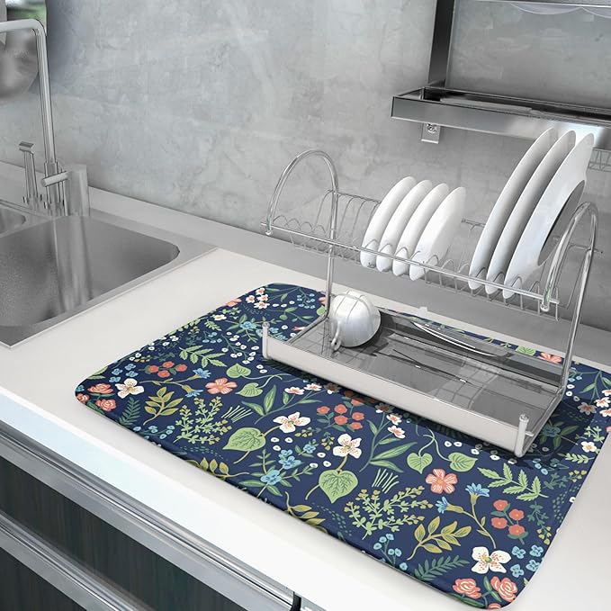 Flower Floral Dish Drying Mat 18x24 inch Microfiber Navy Blue Drying Mats with Hanging Loop Absorbent Green Leaves Dish Drainer Mat Reversible Flowers Drying Pad for Kitchen Counter Sink