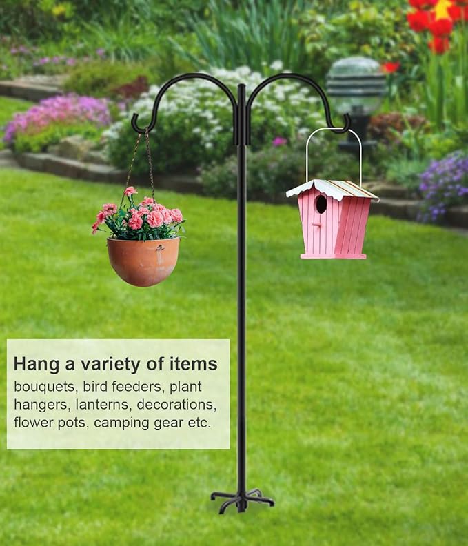 Artibear Double Shepherd Hooks for Outdoor, 60" Heavy Duty Bird Feeder Hangers Garden Hooks with 5-Prong Base, Outside Hanging Pole for Plant Baskets, Solar Light Lanterns, Wind Chimes, 2 Pack