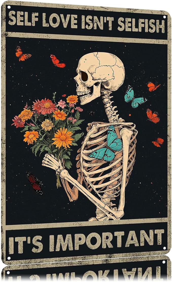 Vintage Flower Tin Signs Self Love Isn't Selfish It's Important Skull Metal Sign Wall Decor for Home Bedroom Kitchen Cafe Bar 12×8 Inch