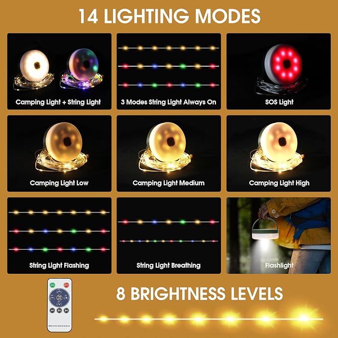 Camping String Lights with Remote Control, 4 in 1 Portable Camping Light Rechargeable, 14 Lighting Modes, USB Charging, Quick Storage, 32.8ft Waterproof Tent Light for Hiking, Yard, Christmas