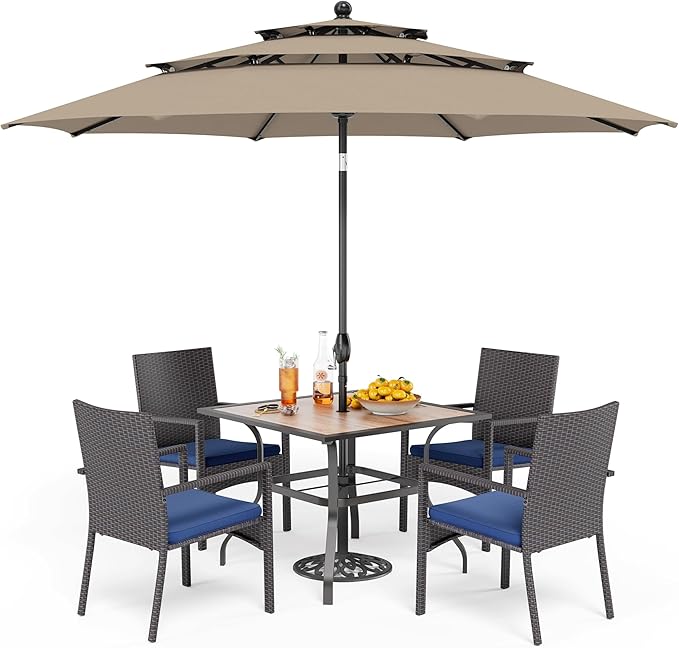 PHI VILLA 5 Piece Outdoor Dining Set with Umbrella for 4, 37" Square Metal Wood-top Dining Table & Wicker Rattan Chairs with Cushions & 10ft Beige Umbrella for Patio, Deck, Backyard, Porch