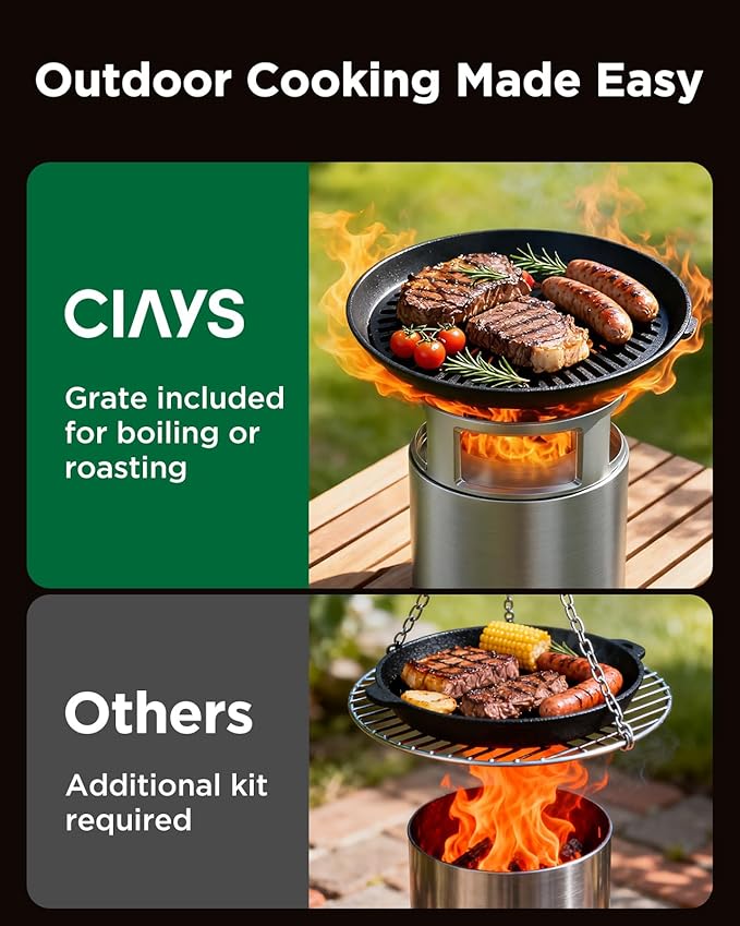 Ciays Smokeless Firepit with Stand, 7″ Tabletop Fire Pit for Camping with Patented Technology, Portable Fire Pit for Outside with Grill Rack, Fire Poker and Bag, Fueled by Pellets, Wood or Firestarter
