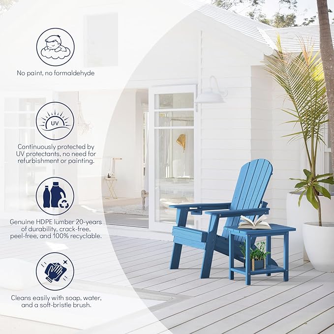 Plawdlik Folding Adirondack Chair with Cup Holder,SGS Tested,Heavy All-Weather,Wooden Textured,HDPE Outdoor Chairs for Patio Backyard Fire Pit, Light Blue
