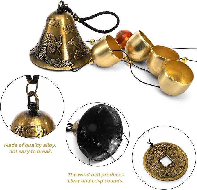 3 Packs Lucky Wind Chimes, Chinese Wind Bell, 6-Bell Vintage Hanging Bell Chimes with Gourd Dragon Peacock Coin for Good Luck Wealth Blessing, Home Garden Patio Decoration