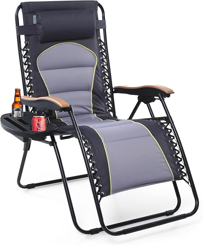 Sophia & William Oversized XXL Zero Gravity Chair Padded Folding Lounge Chair Outdoor Gravity Chair with Cup Holder, Support 400 LBS, Grey