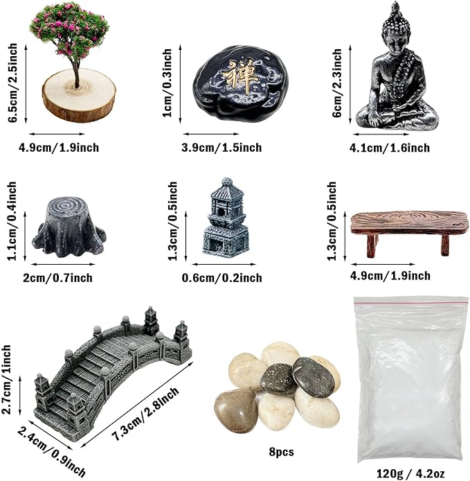 Woohome Mini Zen Garden Kit - Desktop Decor With White Sand, Rocks, Chairs, Towers, Bridges, Model Trees for Home Office