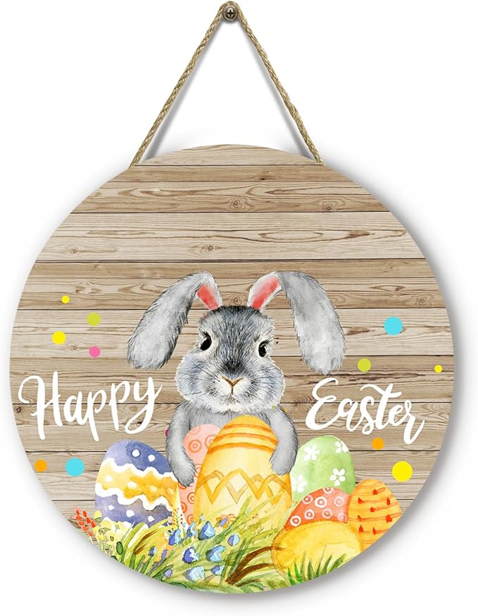 Happy Easter Bunny Door Signs Easter Eggs Rabbit Front Door Hanger Spring Wooden Porch Door Hanging Sign for Holiday Farmhouse Party Decorations