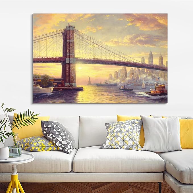 STUDIO HAVEN Thomas Kinkade Canvas Wall Art, Brooklyn Bridge NYC Skyline Golden Sunset Riverboats and Iconic Bridge Oil Painting Poster Landscape Wall Decor, Framed Prints for Home Decor, 48x32Inch