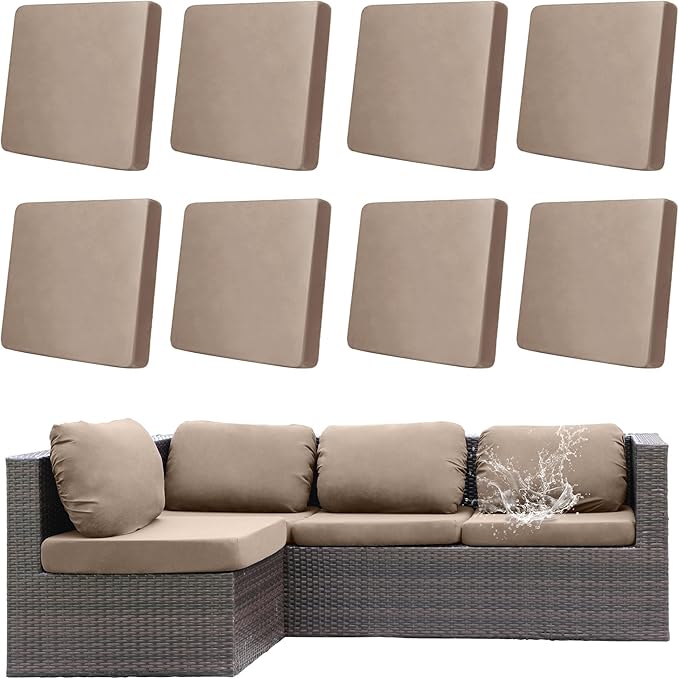 8Pcs Outdoor Cushion Covers, Patio Cushion Covers,Stretch Elastic Slipcovers, Replacement Washable & Reusable Furniture Protector for Patio Couch (Khaki,Cover Only)