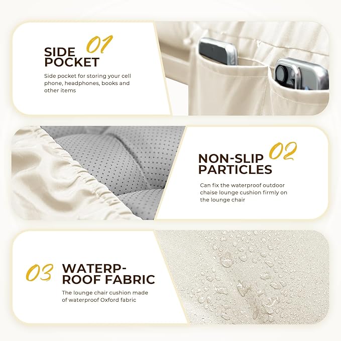 Outdoor Chaise Lounge Chair Cushion Waterproof 74.4 x 22 x 4.7 Inches Lounge Chair Cushions Replacement for Outdoor Furniture with Ties and Pocket, Thickened Pool Lounge Chair Cushions, Cream