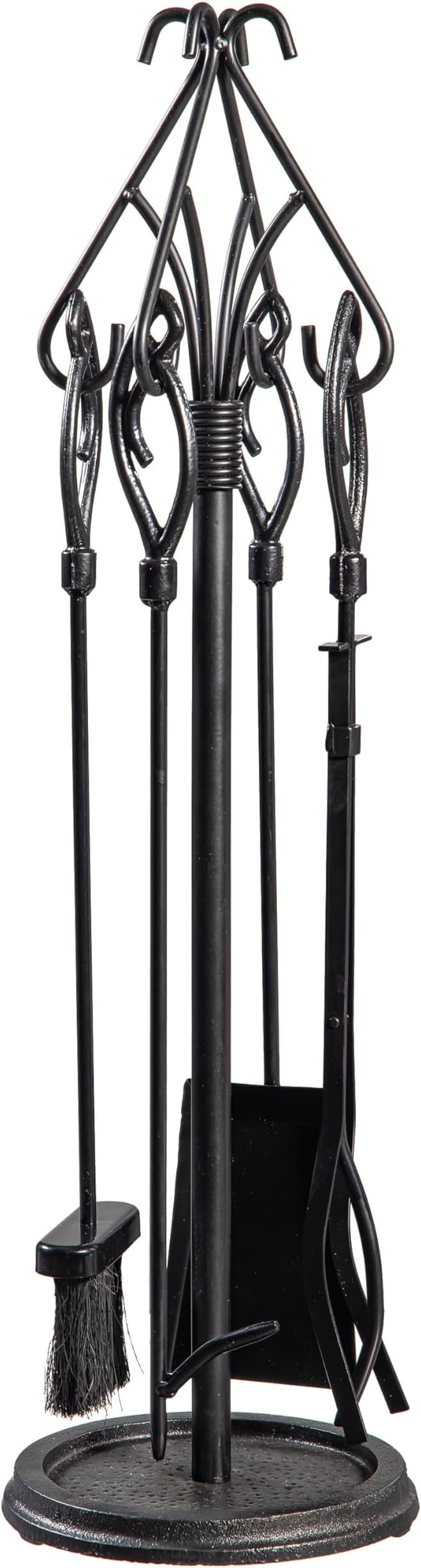 Plow & Hearth Gothic 5 Piece Fireplace Tool Set with Poker Tongs Shovel Broom and Stand | 32.5" H | Black Wrought Iron Handle for Outdoor Indoor | Wood Stove Firepit Accessory