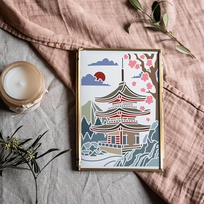 MAYJOYDIY 2pcs Japanese Zen Temple Stencil 11.7×8.3inch Large Japanese Style Temples Stencil with Paint Brush Sacred Pagoda Drawing Template for Wood Walls Canvas Furniture Crafts
