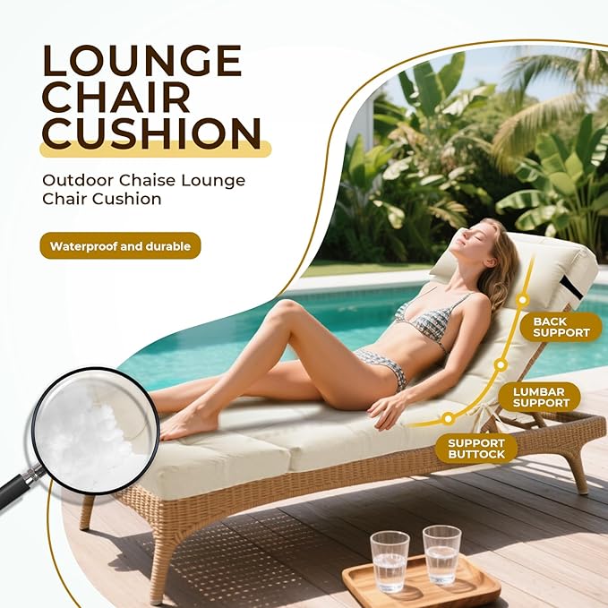 Outdoor Chaise Lounge Chair Cushion Waterproof 74.4 x 22 x 4.7 Inches Lounge Chair Cushions Thickened for Outdoor Furniture with Headrest and Pocket, Replacement Pool Lounge Cushions, Cream