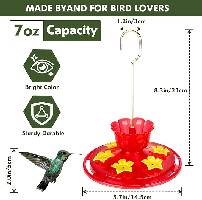 Plastic Hummingbird Feeders for Outdoors Hanging Ant and Bee Proof, 2 Pack 7 OZ Hummingbird Feeder with 6 Feeding Ports and Perches, Built-in Ant Moat, Easy Clean Refill for Garden Décor(Plastic, 2)