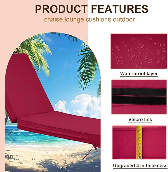 Outdoor Chaise Lounge Cushions, 4 Inch Thick Waterproof Fade Resistant Patio Furniture Lounger Chair Cushion Pad for Pool (1, Burgundy, 72'' L x 21'' W x 4" T)