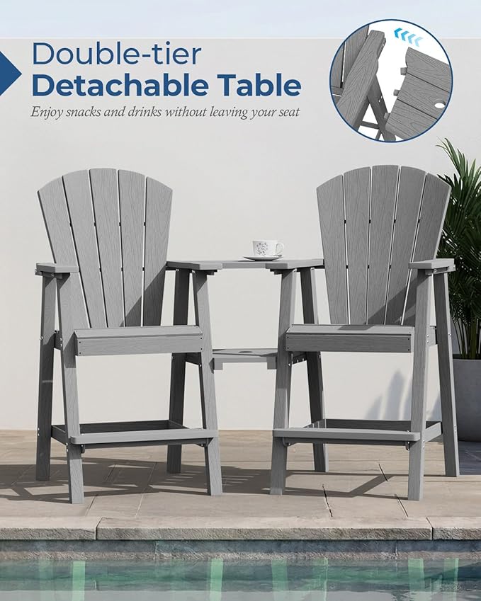 Ciokea Tall Adirondack Chairs Set of 2, HDPE Outdoor Adirondack Bar Stools with Double Connecting Tray, Weather Resistant High Back Adirondack Balcony Chairs for Deck, Lawn, Pool, Backyard, Grey