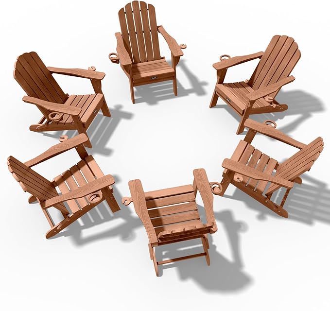 Adirondack Chair Set of 6, HDPE Material Fire Pit Chairs, Plastic Adirondack Chairs with 2 Cup Holder, Outdoor Lawn Chair for Patio Garden,Teak