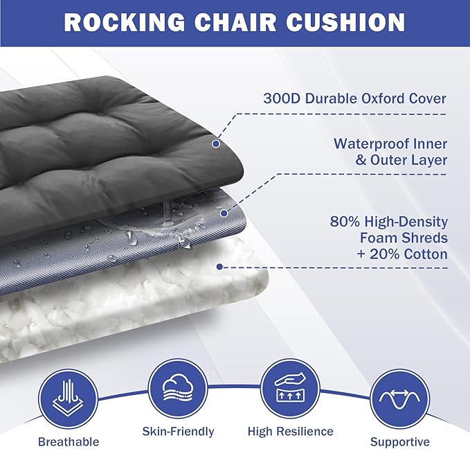 Rocking Chair Cushion, Waterproof and Fade-Resistant Patio Chair Cushions, Tufted Chair Pads for Rocker Furniture, 17x17 Inch, Indoor/Outdoor Seat Cushions with Ties, Dark Grey