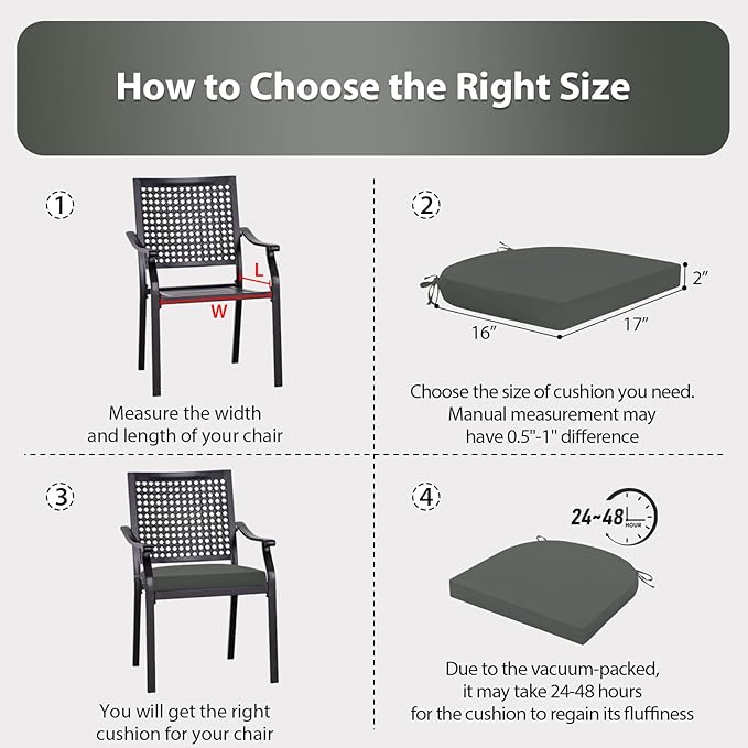 Outdoor Chair Cushion Set of 4, 17 x 16 Inch Patio Chair Cushions for Outdoor Furniture, Water Resistant Outdoor Patio Chair Cushions with Non-Slip Ties(Dark Gray)