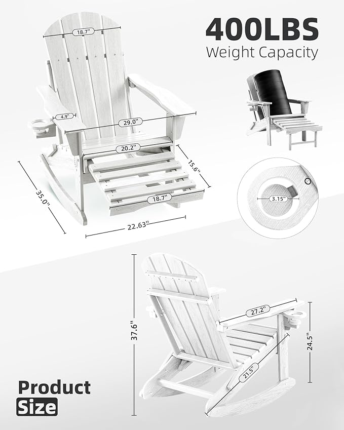 Folding Adirondack Rocking Chair Set of 4,4-in-1 Multifunctional Patio Chairs with Retractable Ottoman, Outdoor Chairs Wood Texture, Lawn Chair for Porch, Backyard, Pool(White)