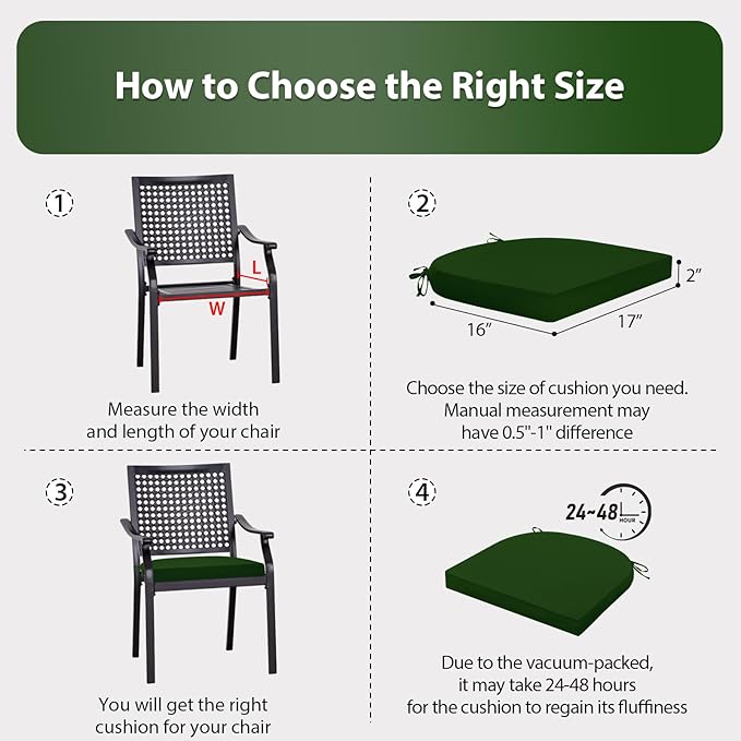 Outdoor Chair Cushions Set of 4, 17 x 16 Inch Patio Chair Cushions for Outdoor Furniture, Water Resistant Outdoor Patio Chair Cushions with Non-Slip Tiess(Forest Green)