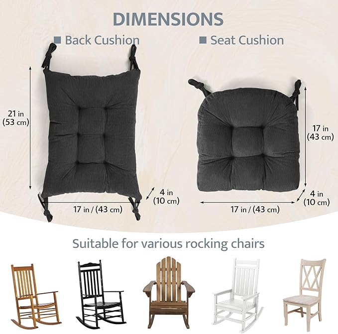 mudilun Rocking Chair Cushion Set - Non-Slip Tufted Rocking Chair Cushions with Ties Soft Indoor/Outdoor Wooden Rocking Chair Seat Pad for Porch Garden Cafe & Nursing
