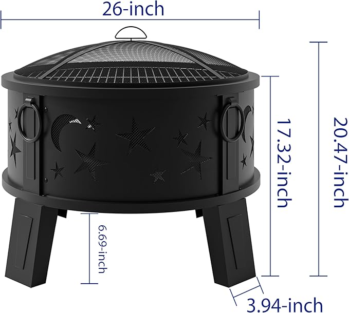 Kingson 26" Outdoor Fire Pit with Grill & Mesh Cover, Wood Burning Steel Firepit with Poker & Star Spark Screen, Heavy Duty Patio Fire Bowl for Backyard, Camping & Garden