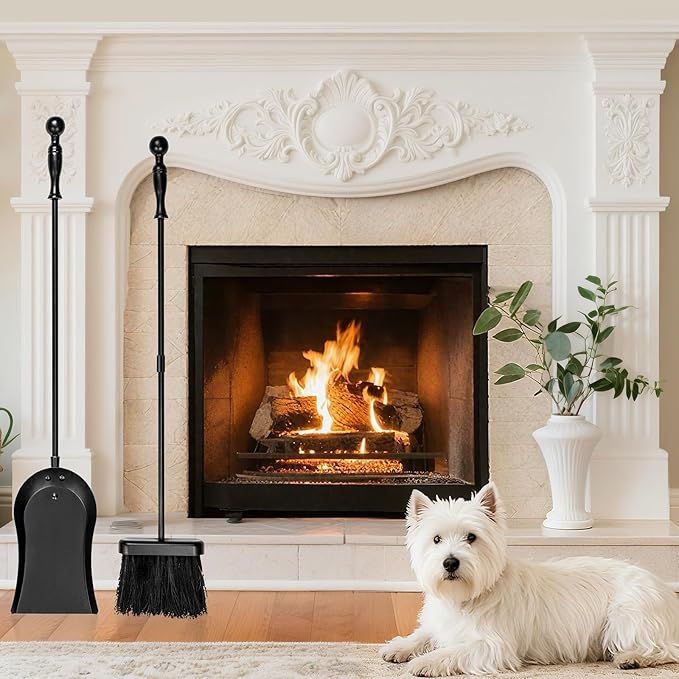AMAGABELI Metal Fireplace Ash Shovel and Brush Set Accessories 32'' Rust Resistant with Smooth Long Handle Coal Shovel Hearth Broom Fire Place Tools Set Indoor Outdoor for Wood Stove Fire Pit