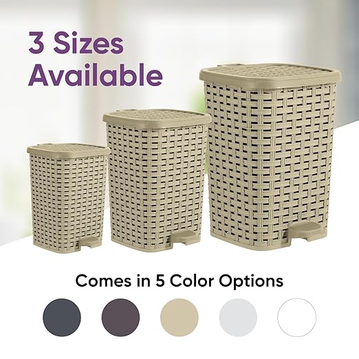 Superio Mini Trash Can with Foot Pedal Small Outdoor Garbage Can with Lid, 3 Gallon Plastic Waste Basket for Bathroom, Bedroom, Kitchen, Office, Patio (Wicker Beige 12 QT.)