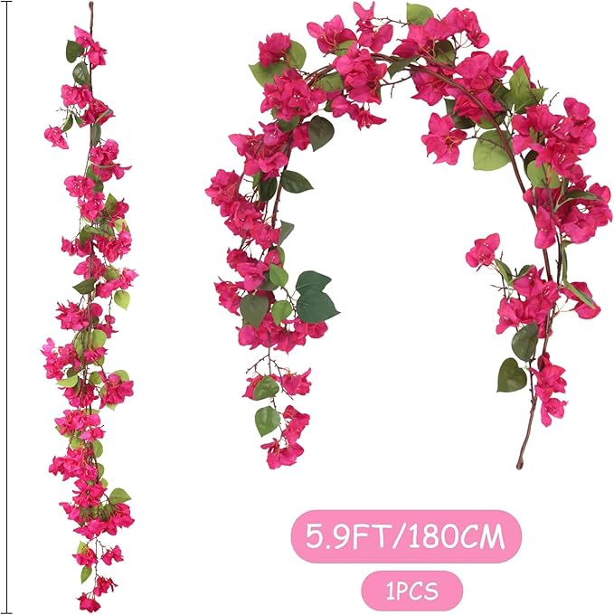 IPOPU Deep Pink Bougainvillea Artificial Garland 5.9FT 1 PCS – Faux Bougainvillea Vines, Silk Flower Garland for Outdoor Wall, Wedding, Party Backdrop