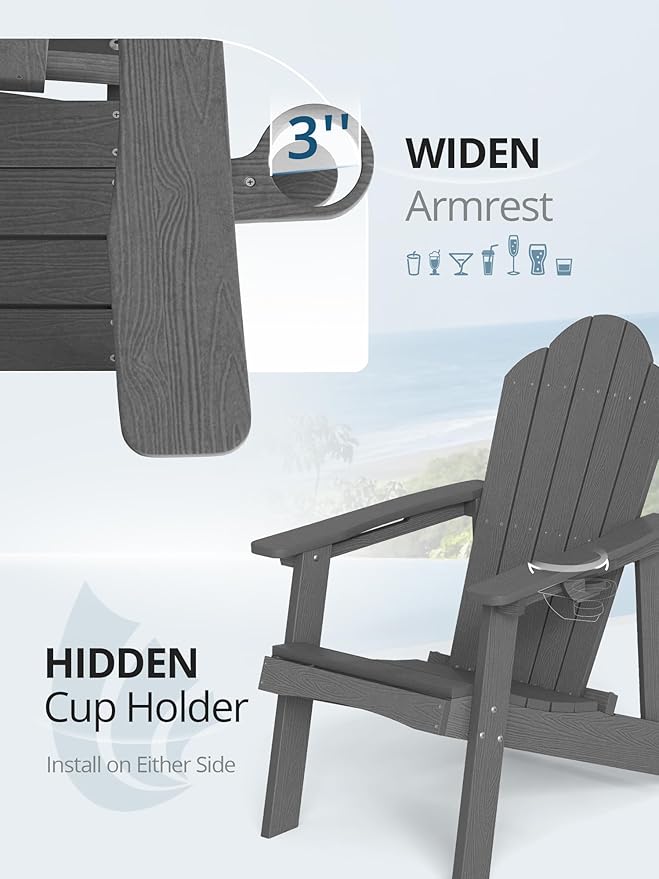 LUE BONA Matte HDPE Adirondack Chairs Set of 2 - Weather Resistant Seating with Cup Holder for Porch, Urban Patio, Deck & Fire Pit, Dark Gray