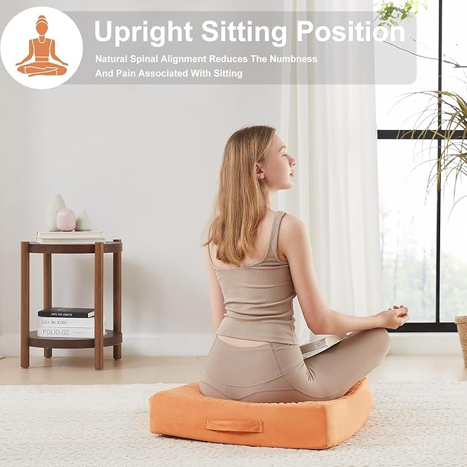2 Pcs High Density Foam Floor Pillow - Upgraded Large Pillows Seating for Adults - Outdoor Floor Cushion with Soft Tufted Cover - Yoga Pillows for Sitting On Floor - 22 Inch Orange