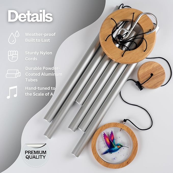 Wind Chimes for Outside, Wind Chimes Outdoor Clearance, Deep Tone Outdoors, Hummingbird Wind Chime, Memorial, Sympathy Gift, Patio, Porch, Home Décor, Modern, Acrylic Art, Silver (34" Hummingbird)