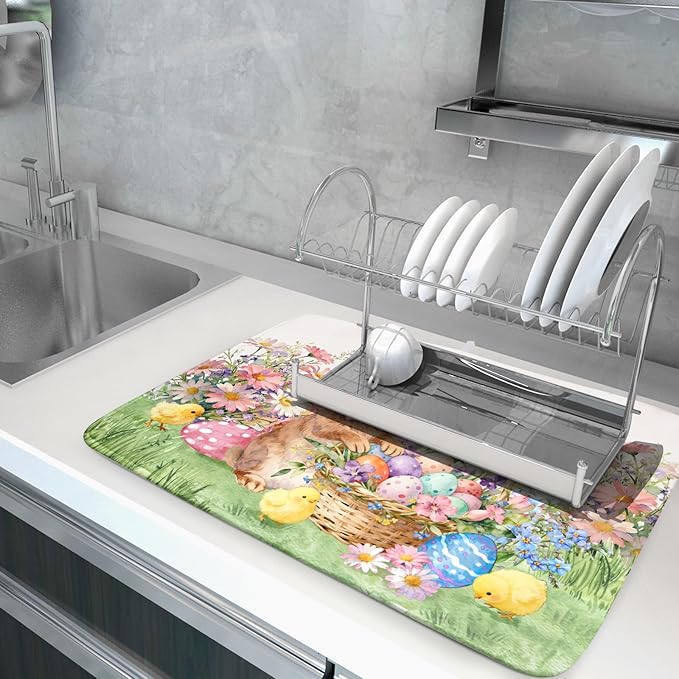 Easter Bunny Eggs Dish Drying Mat for Kitchen Counter 18x24 Inch Spring Flowers Large Microfiber Dish Drainer Rack Mats