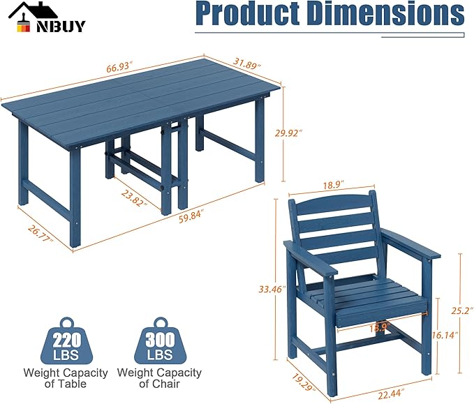 Anbuy Patio HDPE Dining Table Set, 5-Piece Outdoor Dining Table Sets, 2 in 1 Outdoor Furniture Table and 4 Outdoor Chairs for Garden, Backyard, Poolside, Easy Assembly, Blue