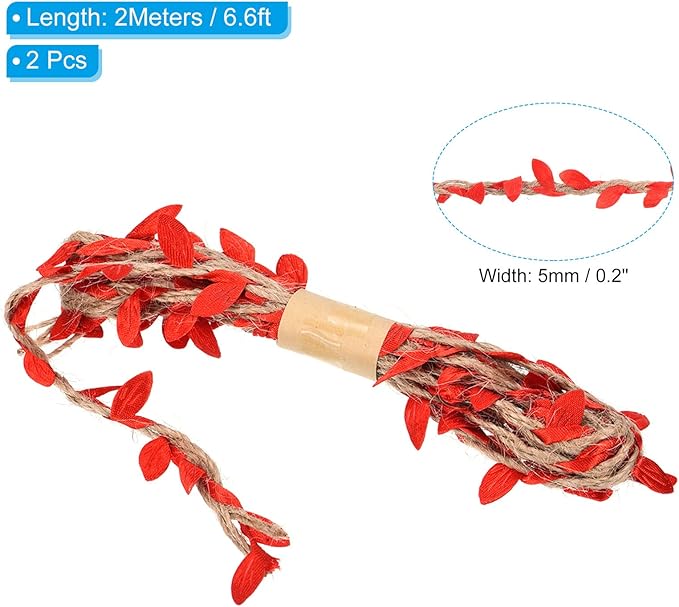 PATIKIL 6.6ft 5mm Burlap Leaf Ribbon, 2 Pack Braided Decoration Vine Natural Jute Rope Twine with Artificial Leaves for Jungle Wedding Party Home Garden Decor, Red