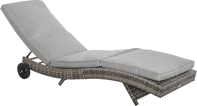 Outsunny Wicker Chaise Lounge Chair Outdoor PE Rattan Cushioned Patio Sun Lounger with 5-Level Adjustable Backrest & Wheels for Easy Movement, Mixed Gray