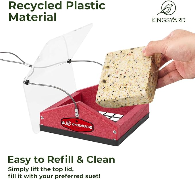 Kingsyard Upgraded Upside Down Suet Feeder for Outside Hanging - Recycled Plastic Wild Bird Feeder with Rainproof Roof for Attracting Woodpeckers Nuthatches Chickadees Finches. Red