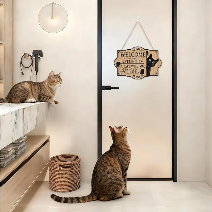 HLNIUC Funny Black Cat Door Sign(11”x8”) Welcome to the Bathroom A Cat Will Be With You Shortly Wall Decor,Bathroom Cats Hanging Plaque,Cats Welcome People Tolerated Sign for Pet Lover Front Door