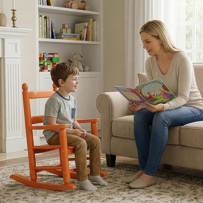 Outvita Kids Rocking Chair, Ergonomic Sturdy Toddler Rocking Chair with High Backrest & Rounded Armrests, Safe Solid Wood Baby Rocker Chair for Age 3-6, Outdoor, Living Room, Reading Room(Orange)