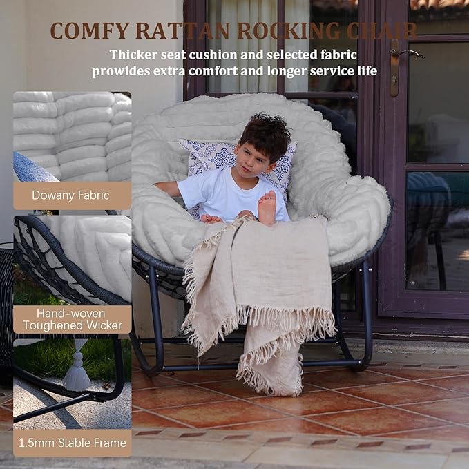 Outdoor Rocking Chair, Patio Wicker Egg Chair, Indoor Comfy Oversized Papasan Chair with Padded Cushion, Royal Rattan Rocker for Front Porch, Garden, Patio (Light Grey)