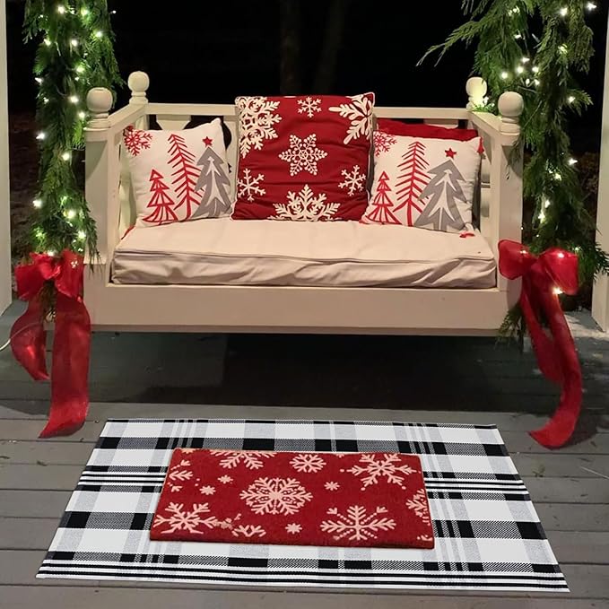 Fall Décor Plaid Rug, 2'4" x 3'7" Black&White Check Indoor/Outdoor Area Rug, Layering Rug for Hello/Welcome Doormat, Machine Washable Cotton Woven Rugs for Farmhouse Front Porch,Entryway